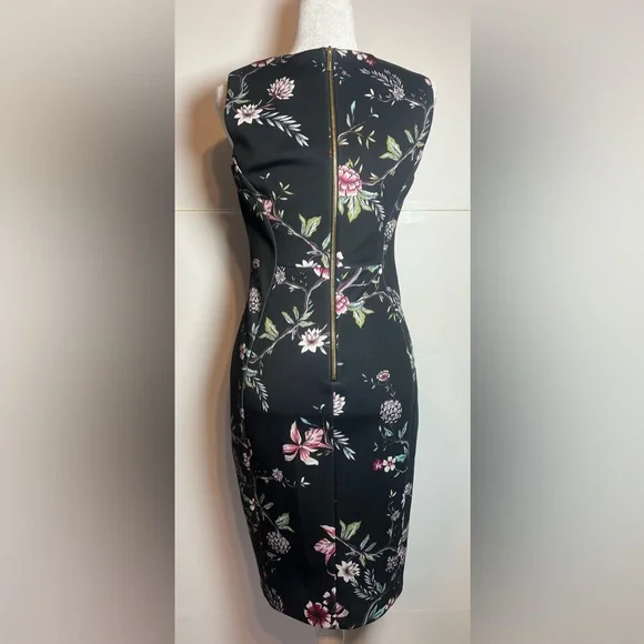 Calvin Klein Floral Sheath Dress Size 6 Black Pink Career Office Midi - Picture 3 of 7